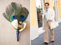 a man walking down the street next to a boutonniere with a white rose and peacock feather on it