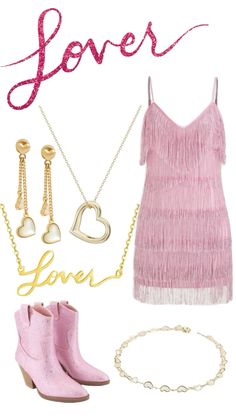 a pink dress, necklaces and shoes with the word lover written on it's side