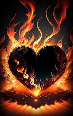 a heart with flames in the background