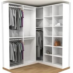 an open white closet with clothes and handbags on the shelves in front of it