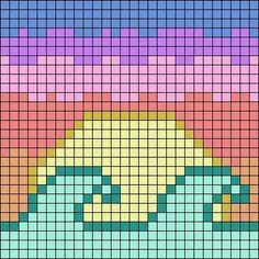 a cross stitch pattern with the shape of a wave in blue, yellow and pink