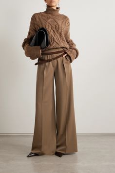 Max Mara's 'Libbra' pants are tailored from wool and mohair-blend twill with a particularly soft, weighty handle. They're designed to sit high on the waist and are sharply pleated through the wide legs. Full Length Wool Bottoms For Fall, Brown Winter Dress Pants For Workwear, Brown Dress Pants For Winter Workwear, Brown Winter Workwear Dress Pants, Brown Dress Pants For Office In Winter, Winter Workwear Brown Dress Pants, Wide Leg Wool Dress Pants For Fall, Chic Full Length Wool Bottoms, Full Length Formal Bottoms For Winter