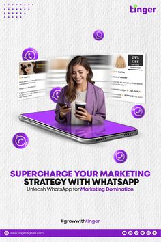 a woman is looking at her phone while sitting in front of a tablet with the text superchaps your marketing strategy with whatsapp