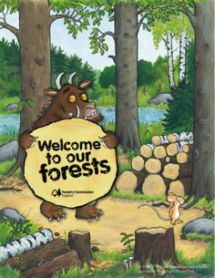 an animal is standing in the woods with a sign that says welcome to our forests