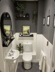 a white toilet sitting in a bathroom next to a sink under a mirror and potted plant