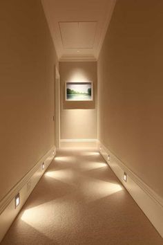 Hallway Lighting Ideas Hallway Baseboard Lighting, Led Lights In Hallway, Hallway Without Natural Light, Drawing Room Lighting Ideas, Narrow Hallway Lighting, Track Lighting Bedroom, Modern Track Lighting, Blitz Design, Trendy Lighting