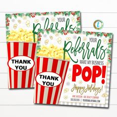 two red and white striped popcorn bags with thank you notes on the front one is filled with popcorn