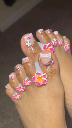 Flower Toenails, Summer Toes, Toe Nail Color, Cute Toe Nails, Drip Nails, Preppy Pink