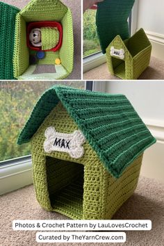 crocheted dog house made with green yarn