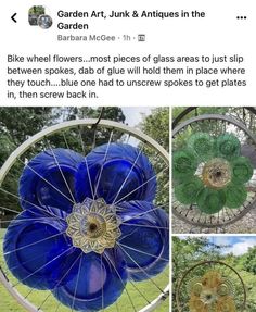 an image of blue and green flowers on the front of a bicycle wheel with text that reads, amazing bicycle wheel garden art