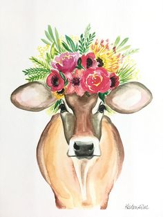 a watercolor painting of a cow with flowers on it's head and eyes