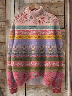 SPU: DZ-163878-LLQPattern: Floral Art PrintProcess: KnittedStyle: TribalLength: RegularCollar: TurtleneckPopular Elements: Floral Art PrintSleeve Type: Long SleeveOccasion: DailyTheme: Fall, WinterNOTE: If you are not sure, please choose a larger size. If you have any doubts about this product, we suggest you contact our customer service team. Due to the color difference between the screens of different electronic devices (computers, mobile phones or ipads), especially the CRT screen and the LCD screen, the color of the item may be slightly different from what you see in the photos, please take the actual product as the standard.SizeShoulderBustLengthSleevecminchcminchcminchcminchS5320.79838.26425.04818.7M5421.110440.665.525.54919.1L5521.511042.96726.15019.5XL5621.811645.268.526.75119.92XL Spring High Neck Knitted Sweater, Pink Knit Sweater With Floral Print, Bohemian Floral Print Winter Sweater, Cozy Multicolor Knitted Top, Spring Crew Neck Sweater With Fair Isle Pattern, Pink Knitted Turtleneck Top, Pink Jacquard Knit Tops For Winter, Bohemian Floral Print Sweater For Fall, Bohemian Long Sleeve Jacquard Knit Sweater