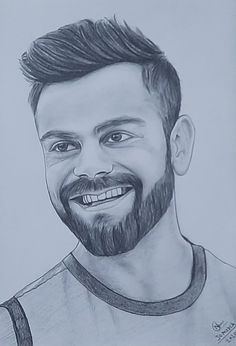 a pencil drawing of a man with a beard smiling at the camera and wearing a t - shirt