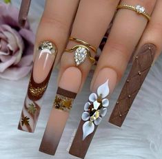 Brown Nail Set, Fall Long Nails, Baddie Fall Nails, Mom Nails, Medium Nails, Baddie Nails, Fall Acrylic Nails