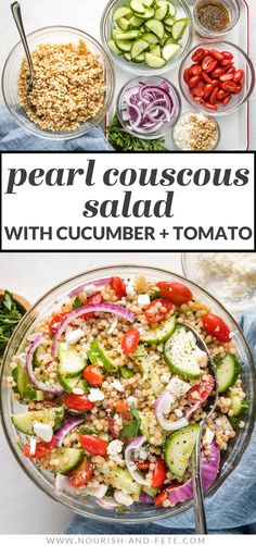 a bowl filled with cucumber and tomato salad on top of a white table