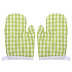 two oven mitts in green and white checkered fabric