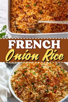 french onion rice in a casserole dish with a serving spoon