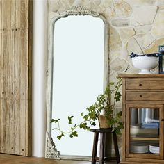 a mirror sitting on top of a wooden cabinet next to a vase and potted plant