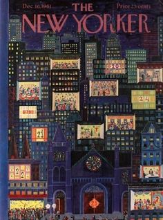 the new yorker magazine cover shows people walking in front of buildings and lights at night