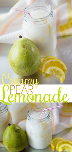 two jars filled with lemonade next to some pears