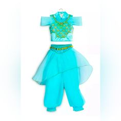 Beautiful Brand New Princess Jasmine Costume Purchased In The Disney Parks Two Pieces Castle Collection Costume Never Worn- New With Tags Disney Costumes Princess, Castle Collection, Princess Jasmine Costume, Princess Jasmine, Disney Costumes, Kids Costumes, Disney Parks, Two Pieces, Blue Gold