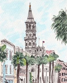 a drawing of a tall building with a clock on it's tower and palm trees