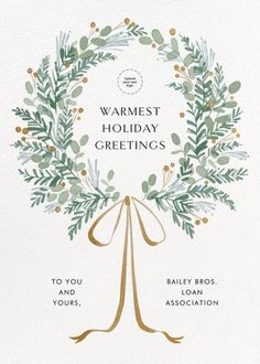 a holiday card with the words warmest holiday greetings written in gold and green