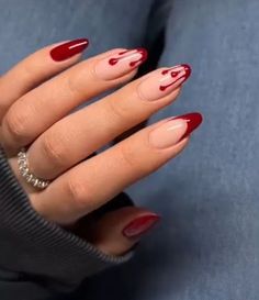 Almond Shape Nails Halloween, Circus Ringmaster Nails, Simple Blood Nails, Cherry Red Halloween Nails, Halloween Blood Nails Design, Nails Blood Design, Halloween Red And Black Nails, Blood Themed Nails, Black Or Red Nails