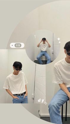 a man sitting in front of a mirror with his hands on his hips