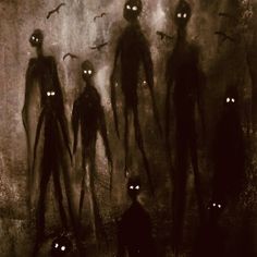 several creepy looking people standing in front of a dark background with glowing eyes and hands