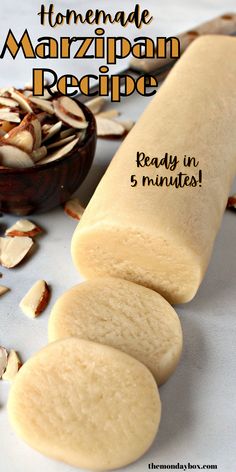 sliced log of marzipan with text overlay How To Make Marzipan Recipes, Vegan Marzipan Recipe, Mazapan Cookies, Marzipan Recipe Desserts, Marzapane Recipe, Diy Marzipan, Bake Clay Recipe, Marzipan Desserts, Marzipan Truffles