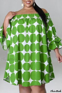 Olivia Mark - Off-the-Shoulder Polka Dot Patchwork Dress in Lake Blue - Perfect for Plus-Size Ladies African Dresses Plus Size, Offshoulder Dress, Off The Shoulder Plus Size, Casual Vacation Outfits, Dot Print Dress, Printed Casual Dresses, Dresses Green, Dresses Plus Size, African Print Dresses