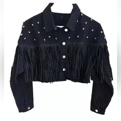 Cropped Studded Fringe Raw Hem Black Denim Buttoned Jacket Nwot Size Small Unbranded Cropped Raw Hem Black Denim Jacket With Graphite (Dark Silver) Toned Studs On The Upper Part And Long Fringe On The Front And Back. Button Down Closure. Buttoned Cuffs. Approximate Measurements: Pit To Pit: 18.5” Jacket Length: 16” Sleeve Length: 18” Black Fringe Long Sleeve Outerwear, Black Fringe Outerwear, Punk Style Long Sleeve Denim Jacket For Fall, Edgy Long Sleeve Denim Jacket For Fall, Winter Punk Style Long Sleeve Denim Jacket, Chic Black Denim Jacket For Fall, Edgy Cropped Denim Jacket For Winter, Fitted Black Outerwear With Fringe, Fitted Black Fringe Outerwear