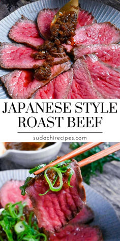 japanese style roast beef on a plate with chopsticks