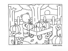 a coloring page with a bear holding a box full of pumpkins in the woods