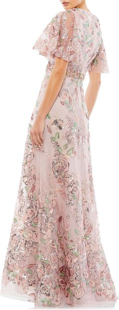 Mac Duggal Sequin Floral Butterfly Sleeve A-Line Gown | Nordstrom Vestidos Color Coral, Bride Ideas, Mac Duggal Dresses, Full Length Gowns, Mob Dresses, Embellished Gown, Column Gown, Butterfly Sleeve, Floral Butterfly