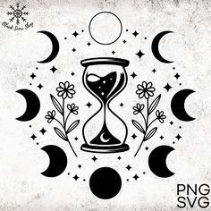 an hourglass with flowers and stars in the background, surrounded by crescent moon phases