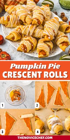 pumpkin pie crescent rolls on a white plate with the title above it in red text