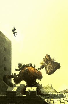 an illustration of a man falling from a sky above a building with a demon on it