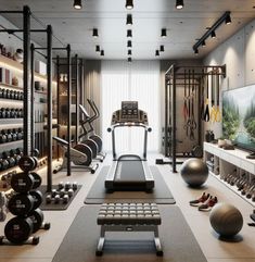 an exercise room with treadmills, machines and other equipment in it's center