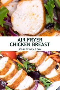 air fryer chicken breast on a plate with lettuce and carrots