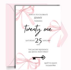 an elegant pink ribbon and key birthday party card with the words twenty one on it