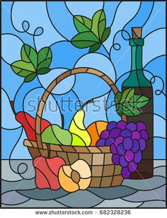 a stained glass window with a basket of fruit and wine on the table in front of it