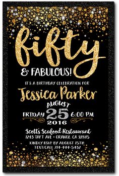 a black and gold 50th birthday party card with glitter on the edges, it says fifty and fabulous