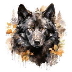 a painting of a wolf surrounded by leaves