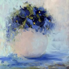 a painting of blue flowers in a white vase