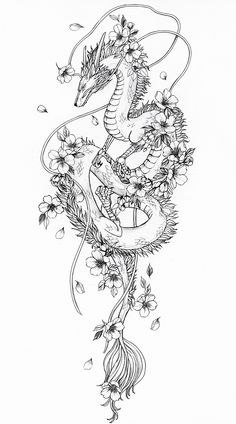 a drawing of a dragon with flowers on it's neck and head in the center