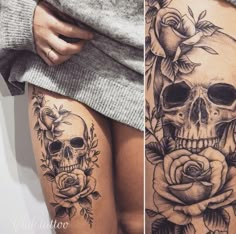 two different tattoos on the legs of women with roses and skulls tattooed on their thighs