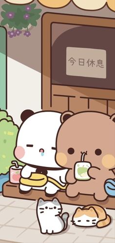 two cartoon bears sitting on a counter with food in front of them and one bear holding a cup