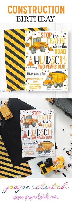 construction themed birthday party with yellow and black striped paper, construction theme cards, and construction truck napkins